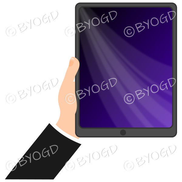 black sleeved hand holding a purple tablet