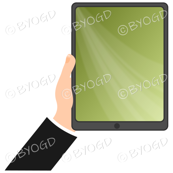 Black sleeved hand holding up green tablet