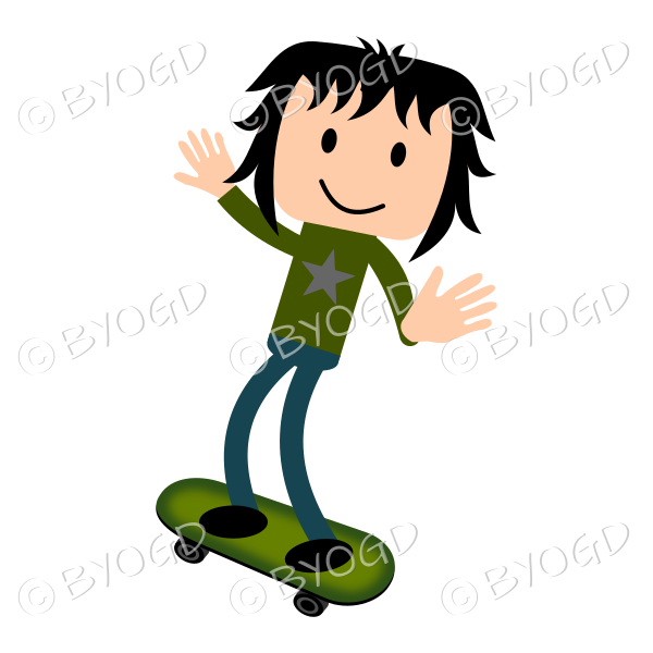 Young man on skateboard in green t shirt and blue jeans