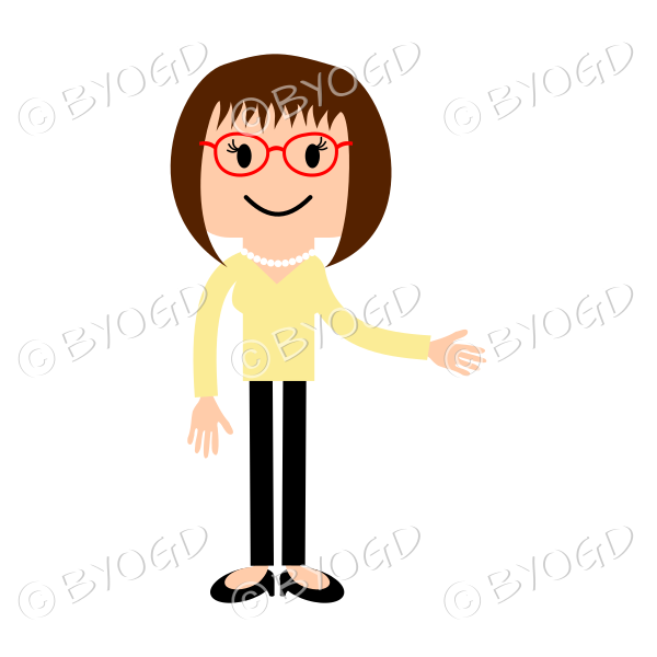 Woman in red glasses hand extended to show