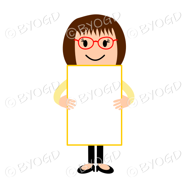 Girl wearing red glasses with blank sign - add your own message!