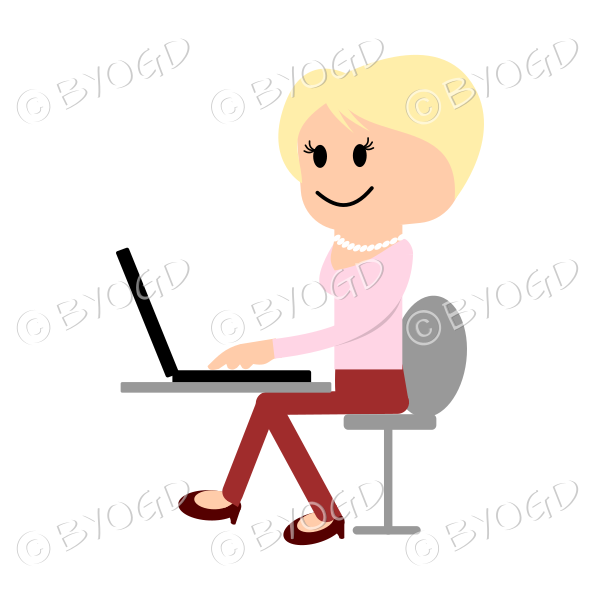 Blonde woman in red and pink working at a laptop computer