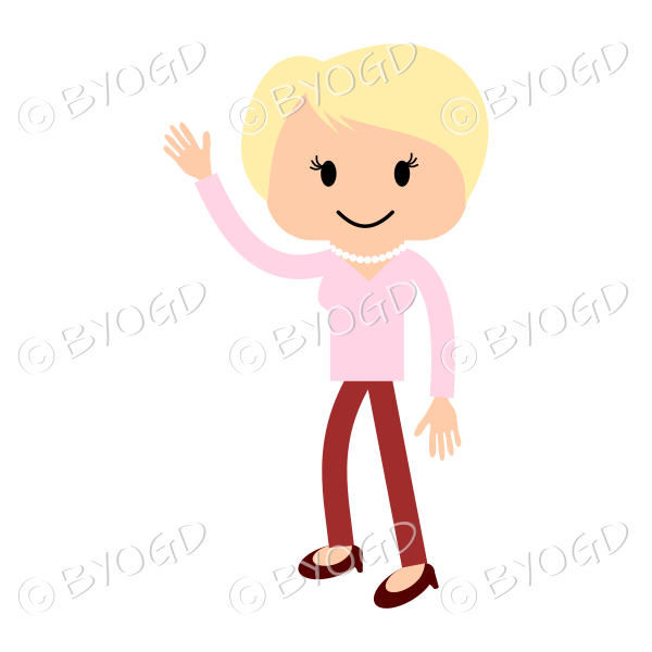 Blonde woman in red and pink greeting people