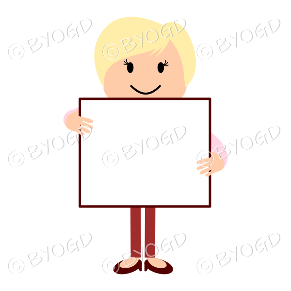 Blonde woman in red and pink carrying a blank sign