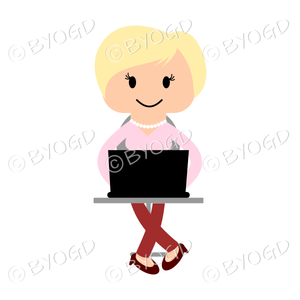 Blonde woman in red and pink sitting at a laptop computer
