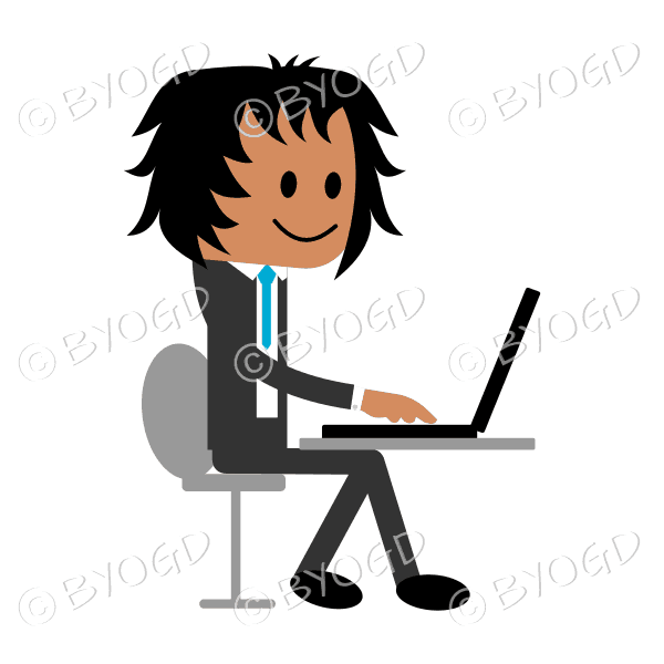 business man with dark skin wearing a blue tie working at a laptop computer