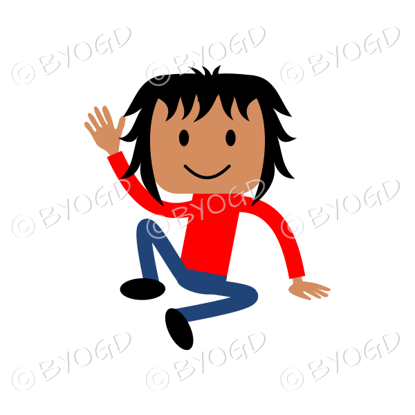 (Red T-Shirt) Young man sitting and waving