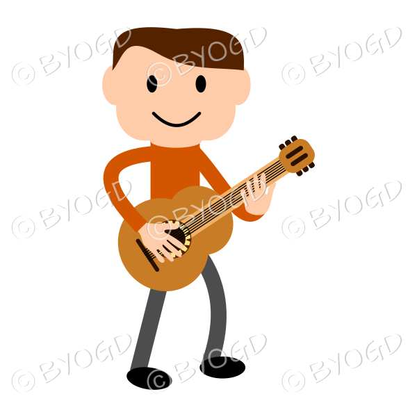 (Orange T-shirt) Young man playing a guitar