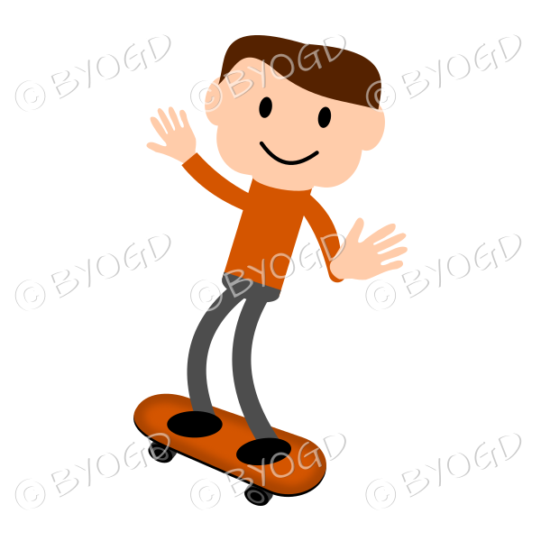 (Orange T-shirt) Young man riding on a skateboard