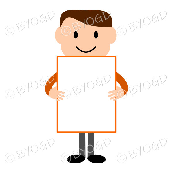 (Orange T-shirt) Young man holding a large blank sign
