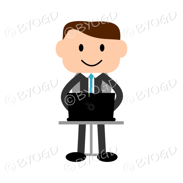 Business man in suit sitting at laptop computer
