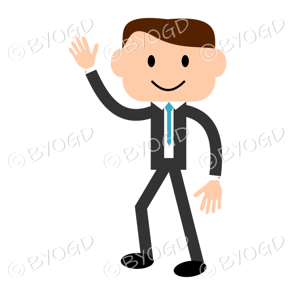 Man with light skin wearing a blue tie waving