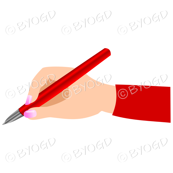 Female hand writing with a shiny red pen.