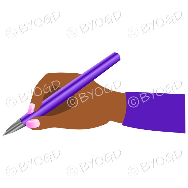 Female hand writing with a shiny purple pen.