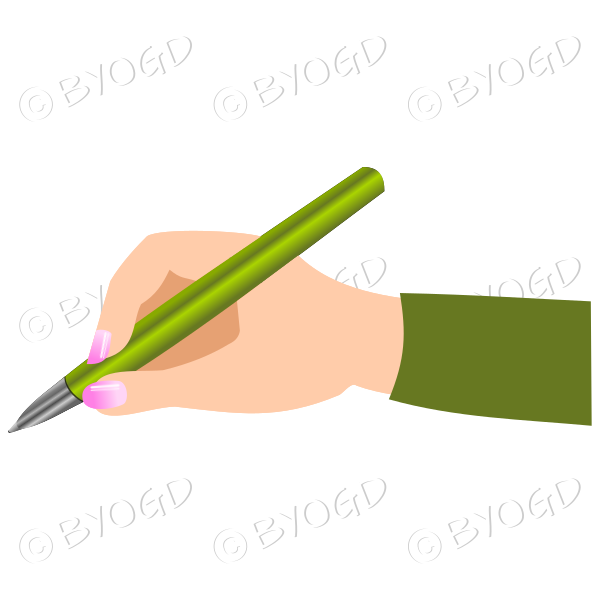 Female hand writing with a shiny green pen.
