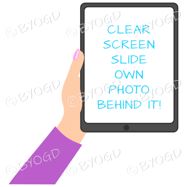 Female hand with dark pink sleeve holding a tablet with blank screen