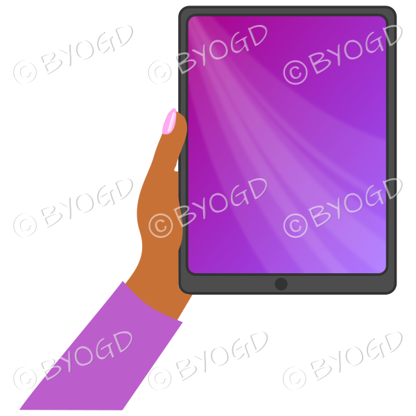 Dark skinned female hand with dark pink sleeve holding a tablet with pink screen background