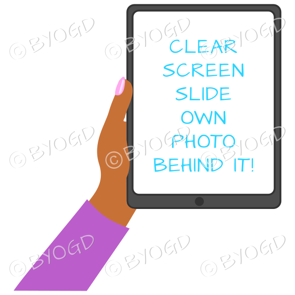 Dark skinned female hand with dark pink sleeve holding a tablet with blank screen
