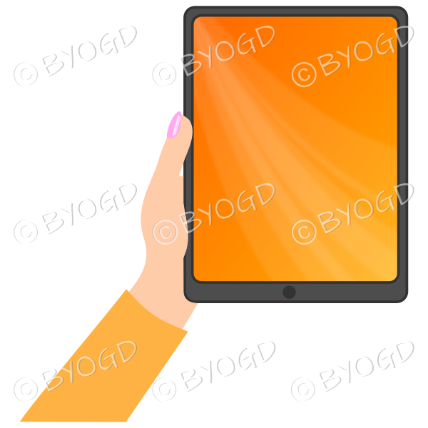 Female hand with orange sleeve holding a tablet with orange screen background
