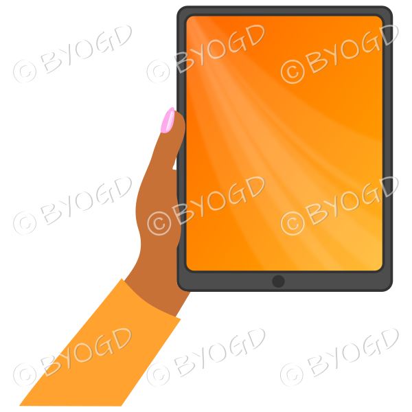 Dark skinned female hand with orange sleeve holding a tablet with orange screen background