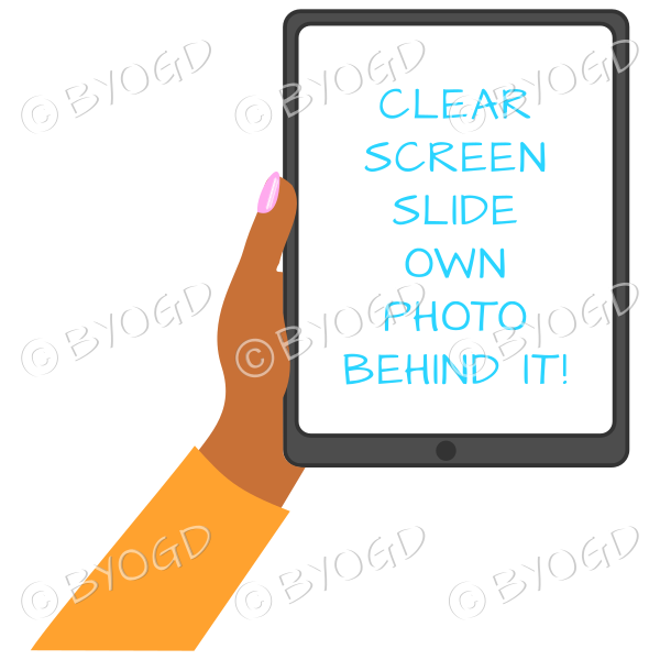 Dark skinned female hand with orange sleeve holding a tablet with blank screen