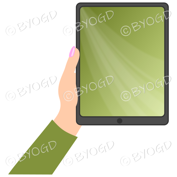 Female hand with green sleeve holding a tablet with green screen background