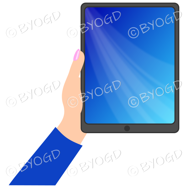 Female hand with dark blue sleeve holding a tablet with dark blue screen background