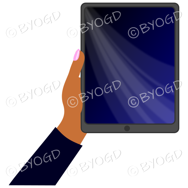 Dark skinned female hand with black sleeve holding a tablet with black screen background