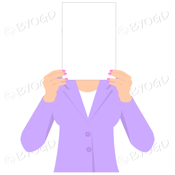 Girl in purple with blank page for your message