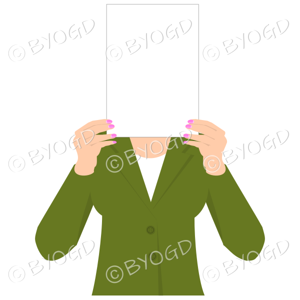 Girl in green with blank page for your message