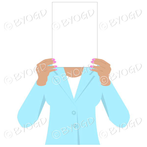 Girl in light blue with blank page for your message - dark hands