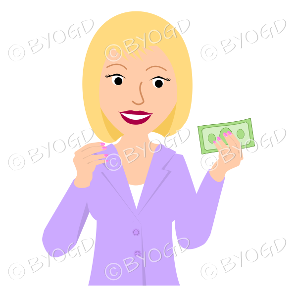 Girl with short blonde hair in purple holding money