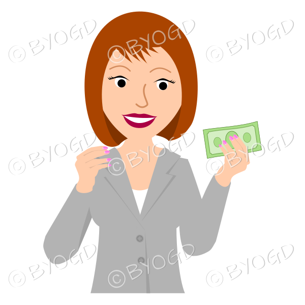 Girl with mid-length brown hair in grey holding money