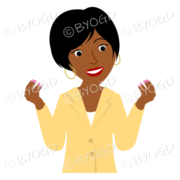 Girl in yellow jacket with short black hair both hands raised