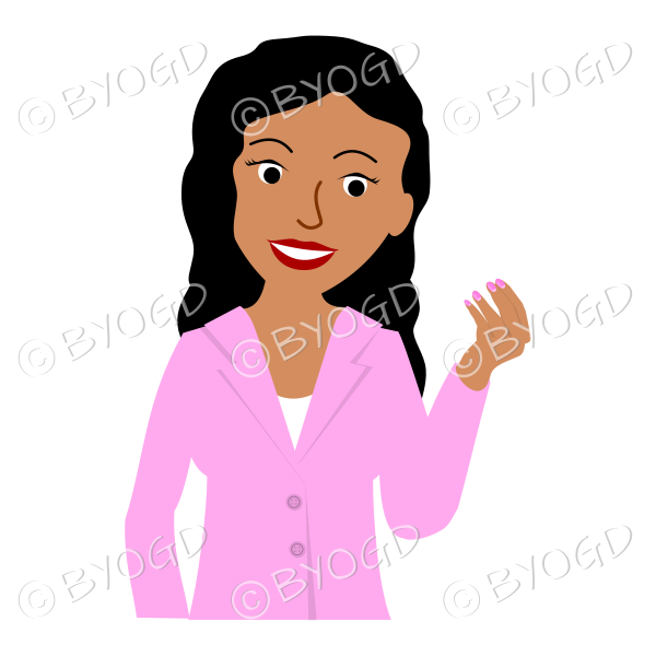 Girl in pink jacket with long black hair one hand raised