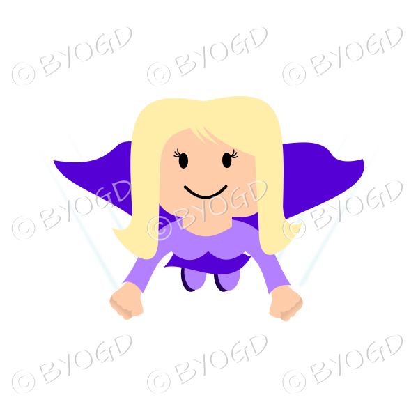 Blonde Super hero flying girl in purple flying towards you