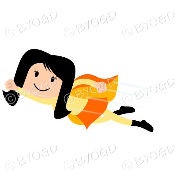 Dark haired Super hero flying girl in yellow and orange