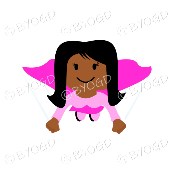 Dark haired Super hero flying girl in pink flying towards you