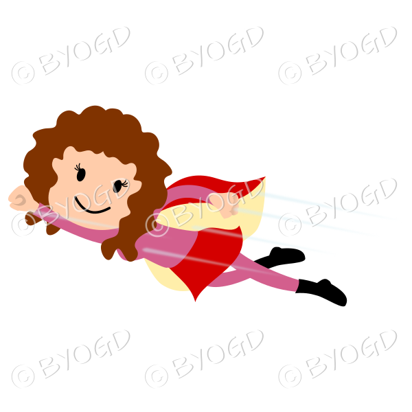 Red curly haired Super hero flying girl in red