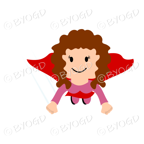 Red curly haired Super hero flying girl in red flying towards you