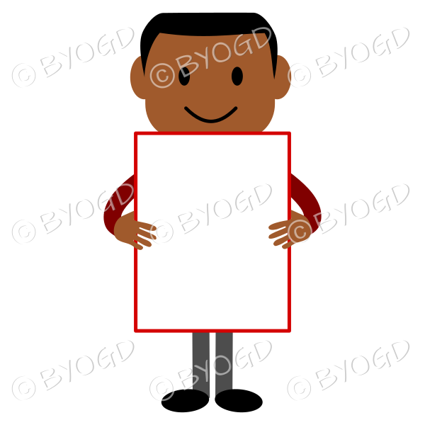 Young man with dark skin and red t-shirt holding a whiteboard