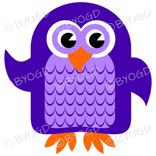 Purple owl with eyes open and wing lifted to wave