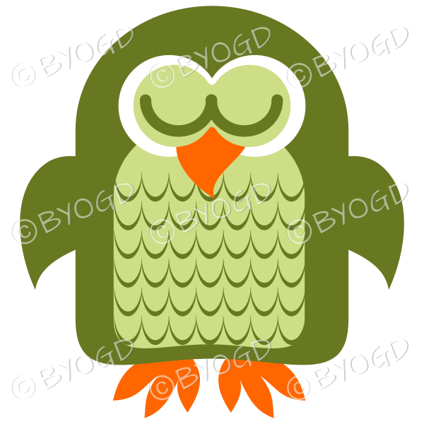Green owl asleep with his eyes closed