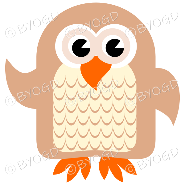 Brown owl with eyes open and wing lifted to wave