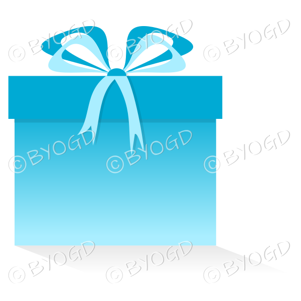 Light blue gift or present in a square box with ribbons.