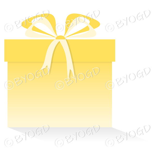 Yellow gift or present in a square box with ribbons.