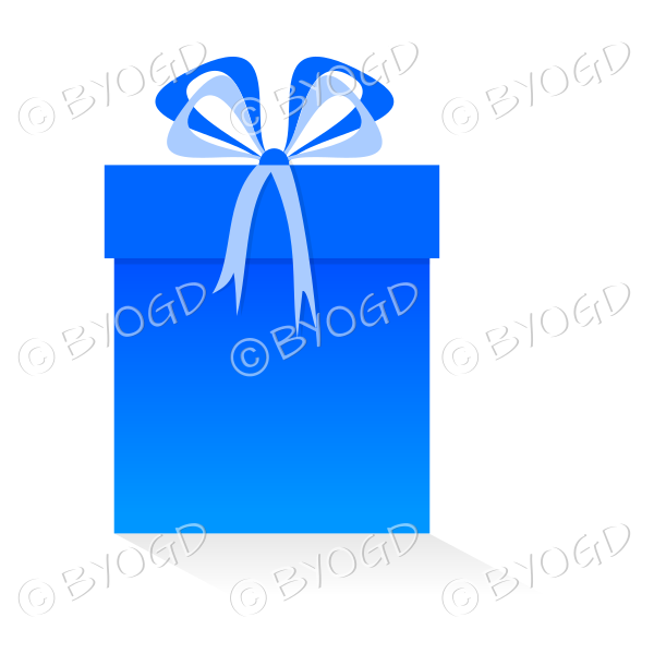Blue gift or present in a tall box with ribbons.