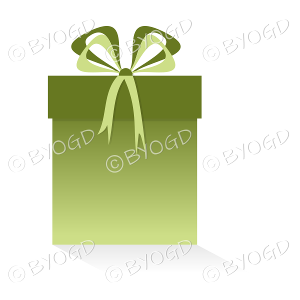 Green gift or present in a tall box with ribbons.