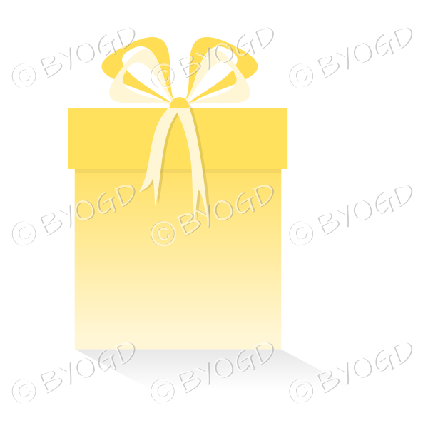Yellow gift or present in a tall box with ribbons.