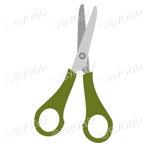 Open green handled scissors for your desk top.